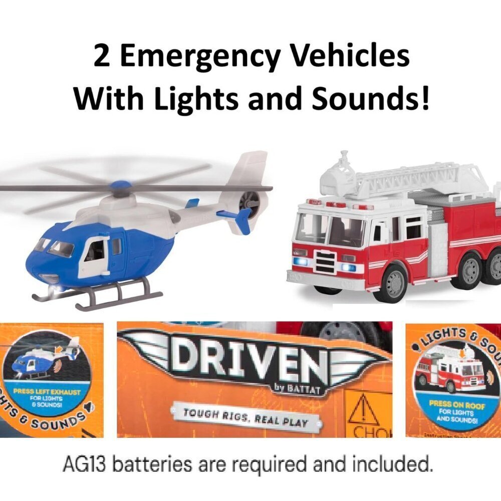 Driven Micro Rescue Fleet Kids Toy Fire Truck and Helicopter Set - Red and Blue